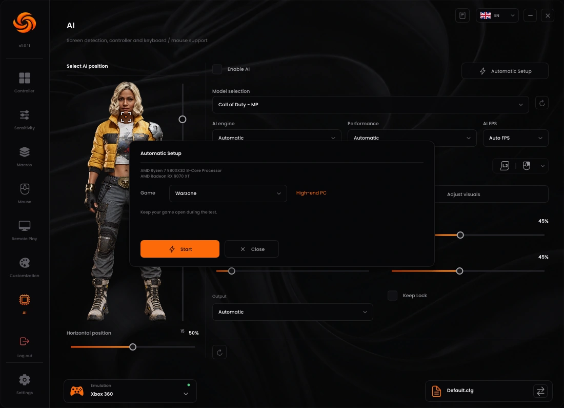 Sync Automatic Setup window with game selection and hardware summary