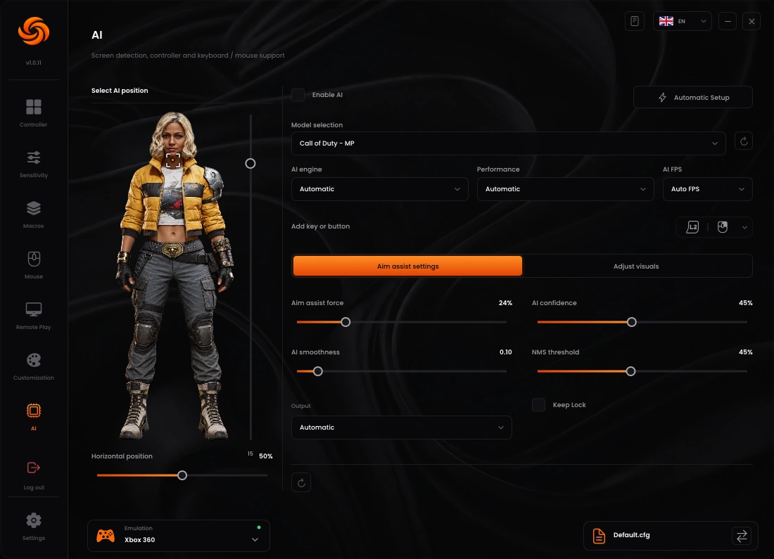 AI AimAssist model selection, target character, FOV, force, confidence and NMS controls