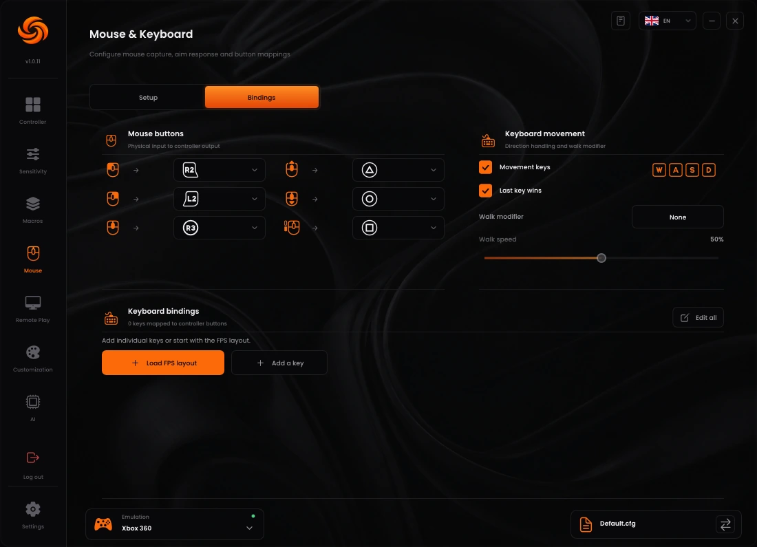 Sync Bindings page showing mouse button assignments, movement keys and keyboard bindings