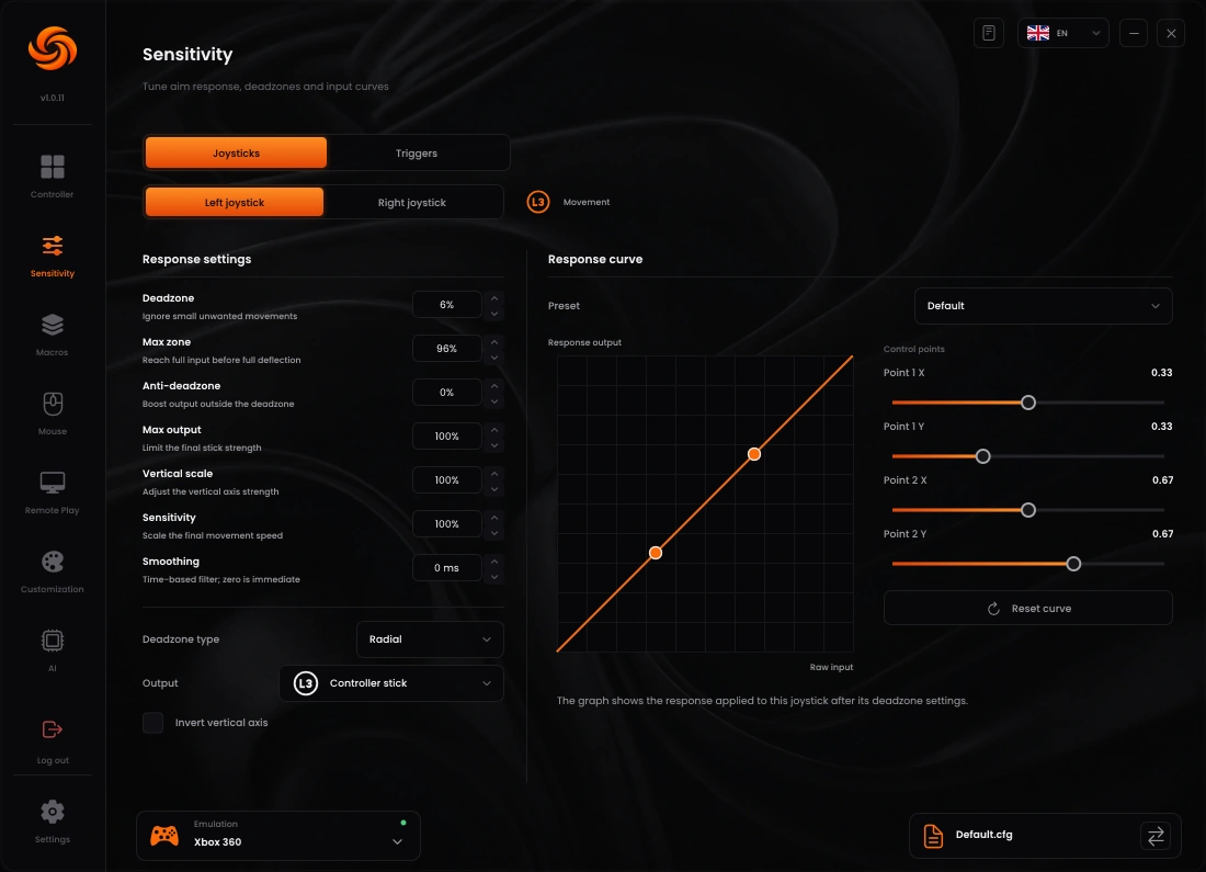 Sync controller response curves and dead zones