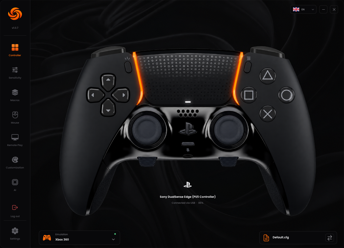 Sync dashboard showing customizable controller controls