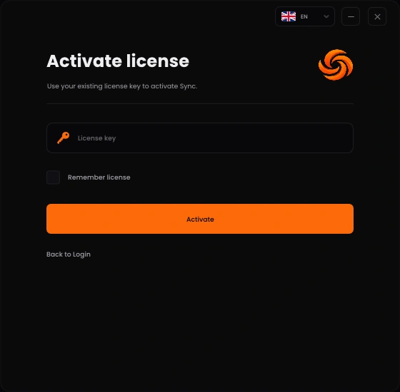 Current Sync activation screen with its license key field and Activate button