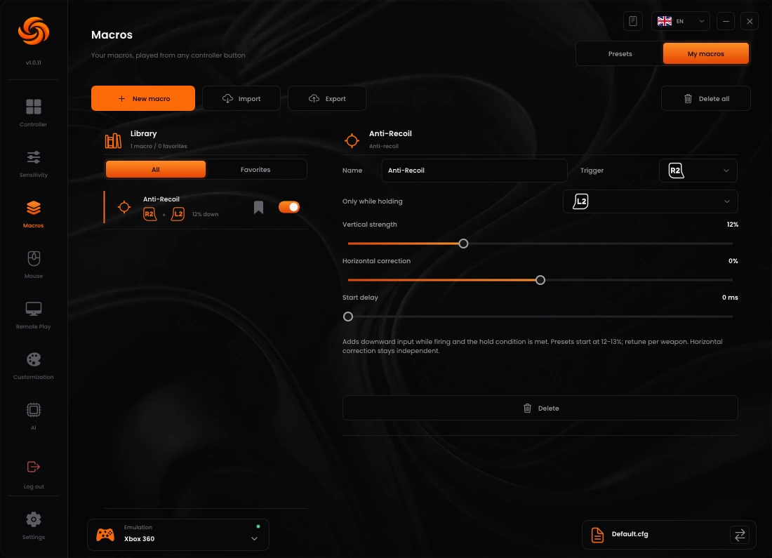Sync Anti-Recoil macro editor with trigger, hold condition, strength, horizontal correction and start delay