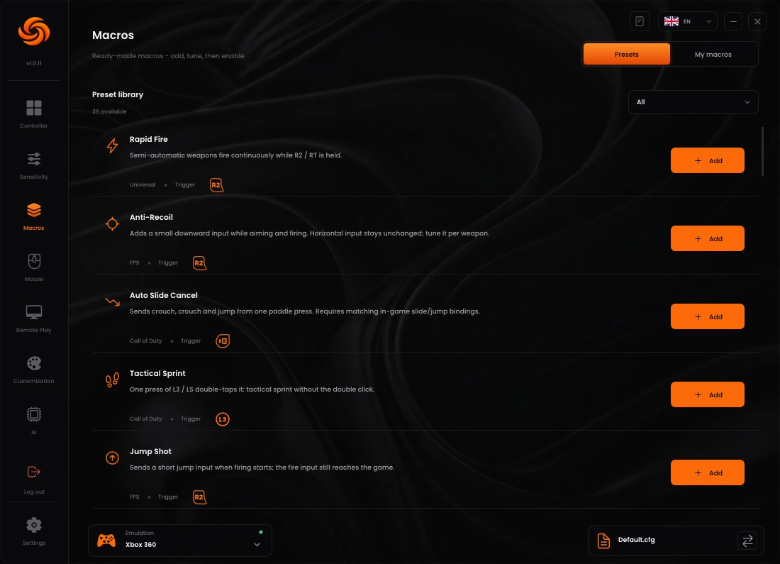 Sync rapid fire, anti-recoil and movement macro preset library