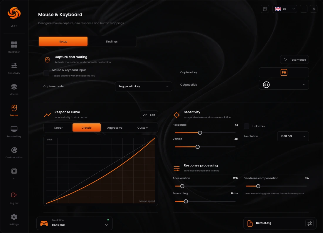 Sync mouse setup with Capture mode, Capture key, Output stick and sensitivity
