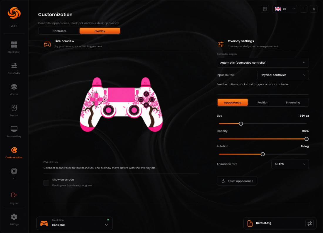 Sync controller overlay design and streaming options