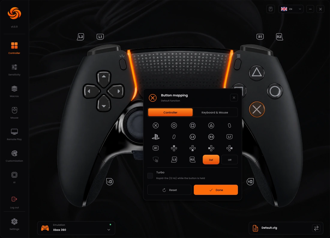 Sync button assignment panel opened from the controller diagram