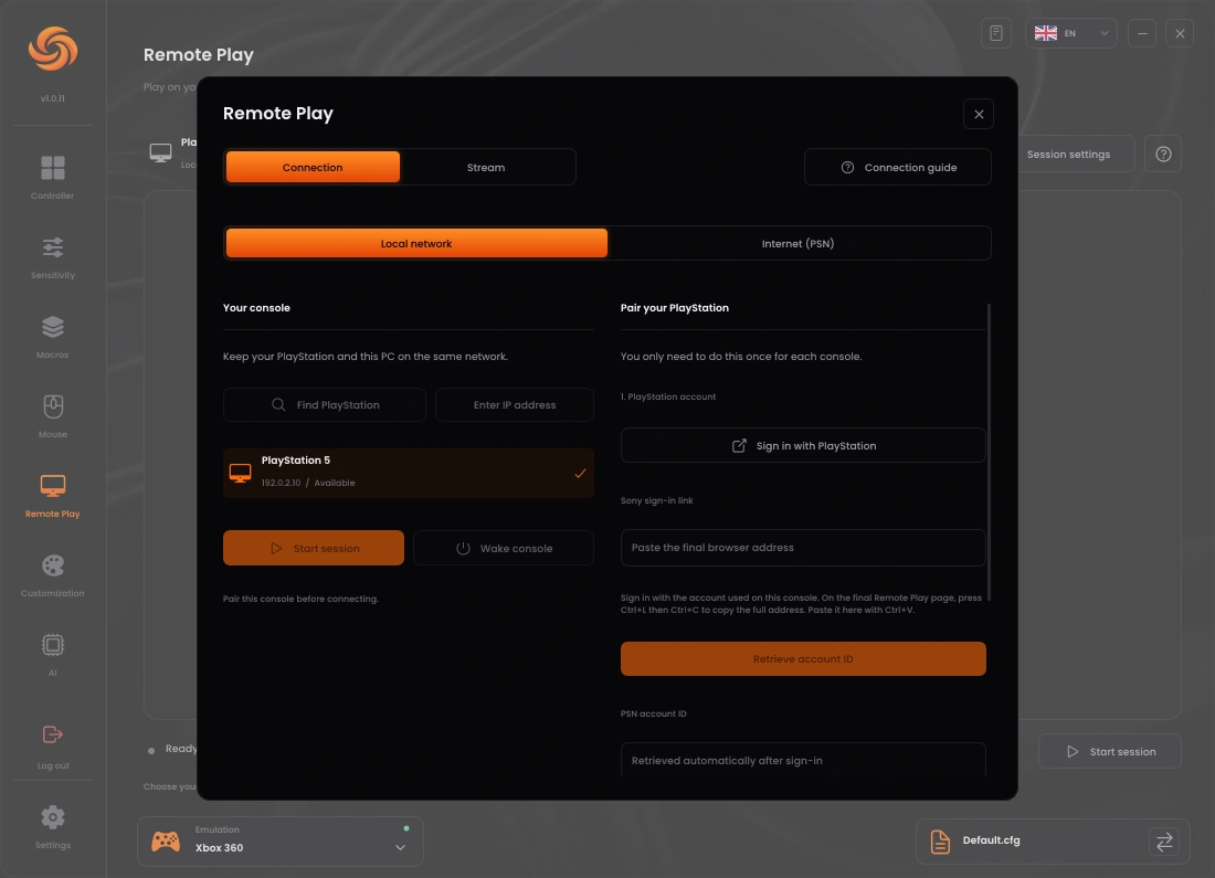 Sync local Remote Play pairing page with Sony account sign-in and console pairing-code fields