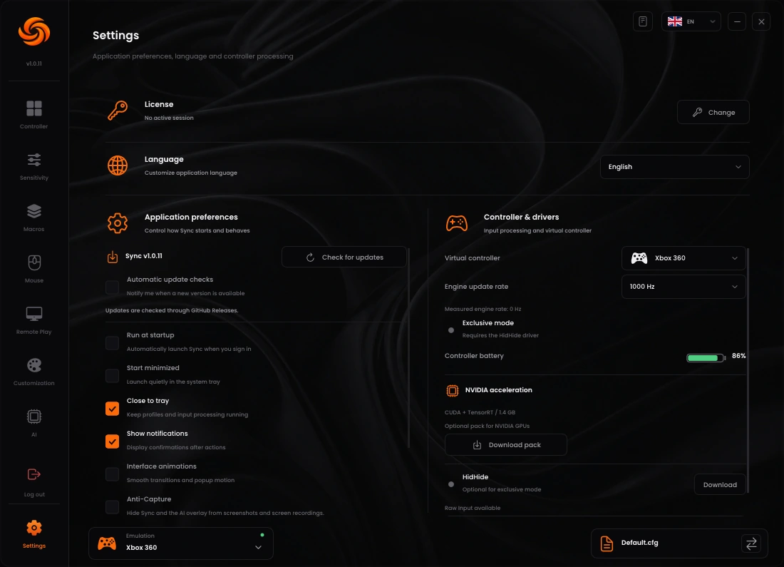 Sync Settings showing Virtual controller, Engine update rate and Exclusive mode