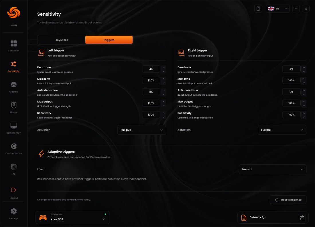 Sync trigger settings with trigger range and Actuation controls